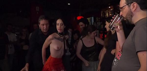  Master fucks brunette in public bar